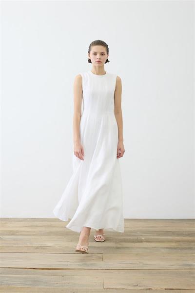 CLARA 100% LINEN SLEEVELESS FITTED DRESS WHITE