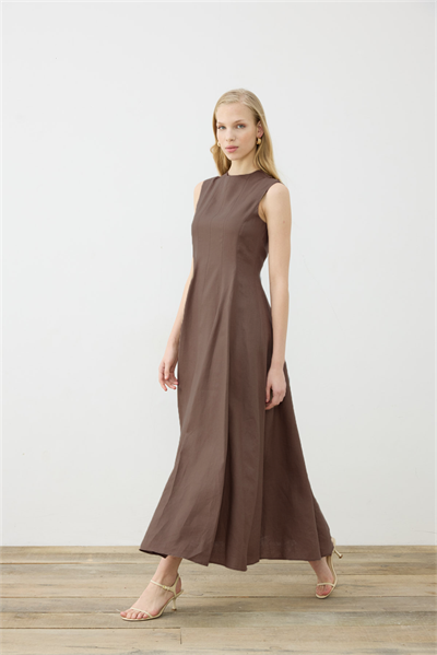 CLARA 100% LINEN SLEEVELESS FITTED DRESS TAUPE