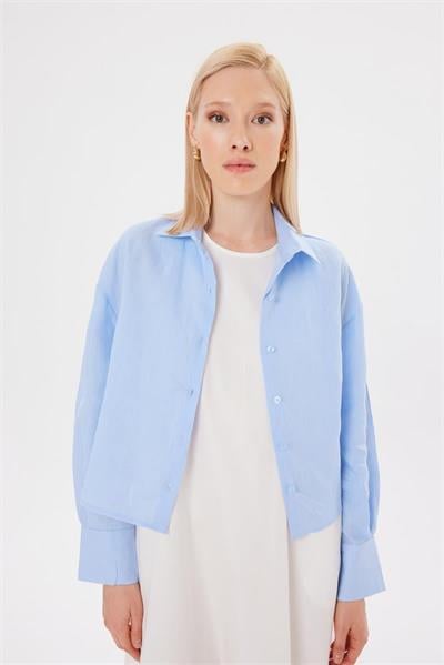 COLOR 100% LINEN CROPPED SHIRT BABY BLUE