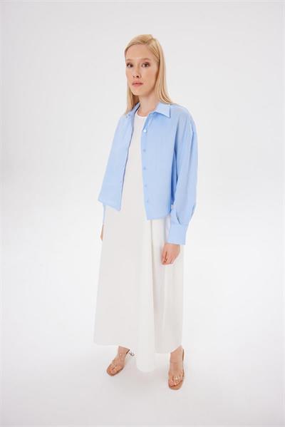 COLOR 100% LINEN CROPPED SHIRT BABY BLUE