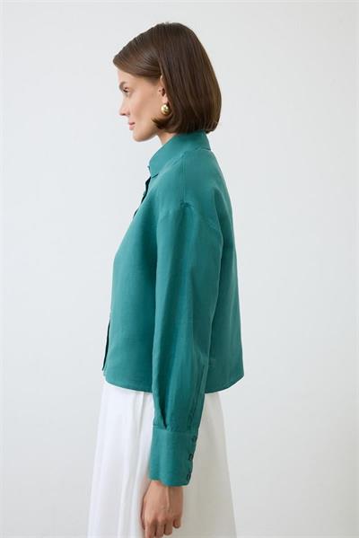COLOR 100% LINEN CROPPED SHIRT DARK GREEN