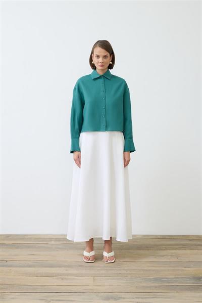 COLOR 100% LINEN CROPPED SHIRT DARK GREEN