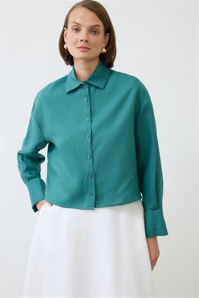 COLOR 100% LINEN CROPPED SHIRT DARK GREEN
