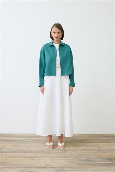 COLOR 100% LINEN CROPPED SHIRT DARK GREEN