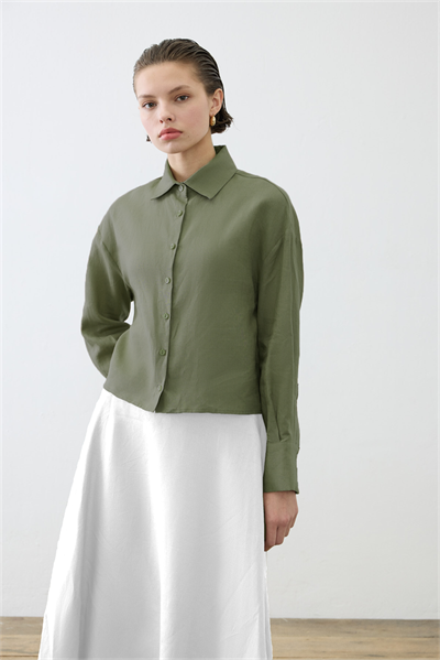 COLOR 100% LINEN CROPPED SHIRT KHAKI