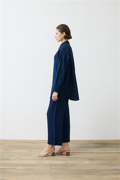 DENIM EFFECT 100% LINEN PANTS SET NAVY BLUE