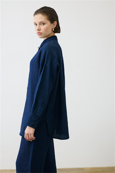 DENIM EFFECT 100% LINEN PANTS SET NAVY BLUE