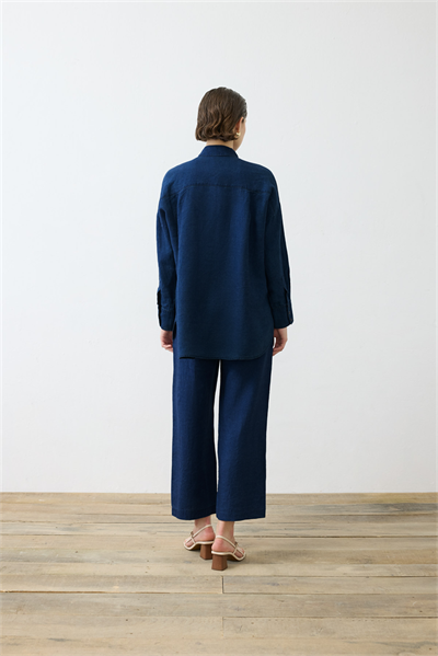 DENIM EFFECT 100% LINEN PANTS SET NAVY BLUE