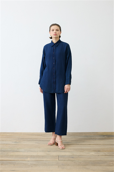 DENIM EFFECT 100% LINEN PANTS SET NAVY BLUE