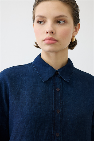 DENIM EFFECT 100% LINEN PANTS SET NAVY BLUE