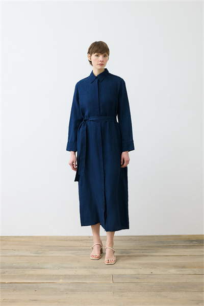 DENIM EFFECT 100% LINEN SHIRT DRESS NAVY BLUE