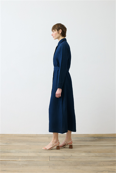 DENIM EFFECT 100% LINEN SHIRT DRESS NAVY BLUE