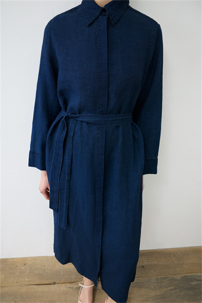 DENIM EFFECT 100% LINEN SHIRT DRESS NAVY BLUE