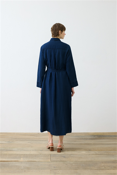 DENIM EFFECT 100% LINEN SHIRT DRESS NAVY BLUE