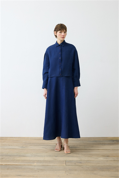 DENIM EFFECT 100% LINEN SKIRT SET NAVY BLUE