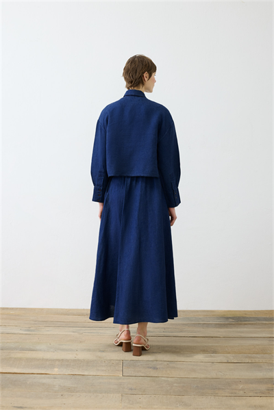 DENIM EFFECT 100% LINEN SKIRT SET NAVY BLUE