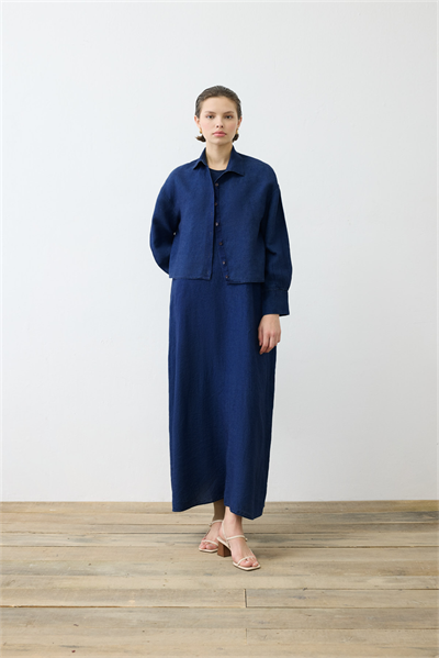 DENIM EFFECT 100% LINEN SLEEVELESS DRESS SHIRT SET NAVY BLUE