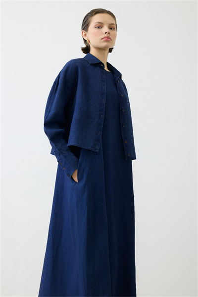 DENIM EFFECT 100% LINEN SLEEVELESS DRESS SHIRT SET NAVY BLUE