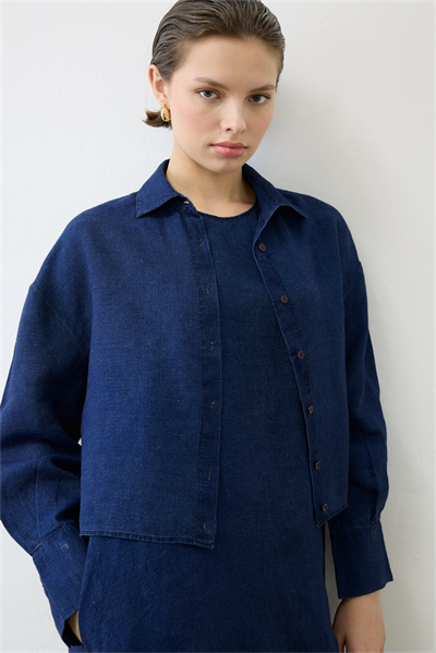 DENIM EFFECT 100% LINEN SLEEVELESS DRESS SHIRT SET NAVY BLUE