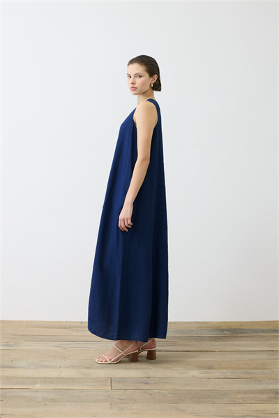 DENIM EFFECT 100% LINEN SLEEVELESS DRESS SHIRT SET NAVY BLUE