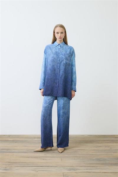 DENIM PATTERNED RAYON VISCOSE PANTS SET NAVY BLUE