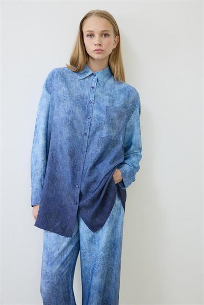 DENIM PATTERNED RAYON VISCOSE PANTS SET NAVY BLUE