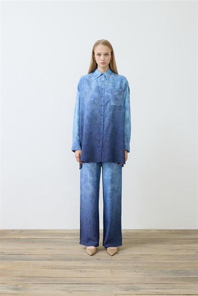 DENIM PATTERNED RAYON VISCOSE PANTS SET NAVY BLUE