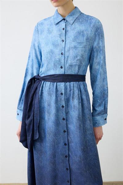 DENIM PATTERNED RAYON VISCOSE SHIRT DRESS NAVY BLUE