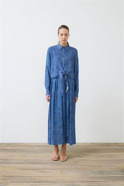 DENIM PATTERNED RAYON VISCOSE TIED SKIRT SET NAVY BLUE