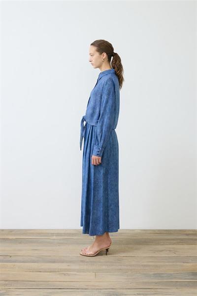 DENIM PATTERNED RAYON VISCOSE TIED SKIRT SET NAVY BLUE