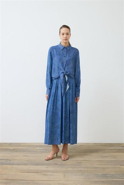 DENIM PATTERNED RAYON VISCOSE TIED SKIRT SET NAVY BLUE