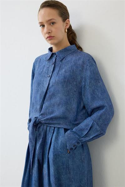 DENIM PATTERNED RAYON VISCOSE TIED SKIRT SET NAVY BLUE