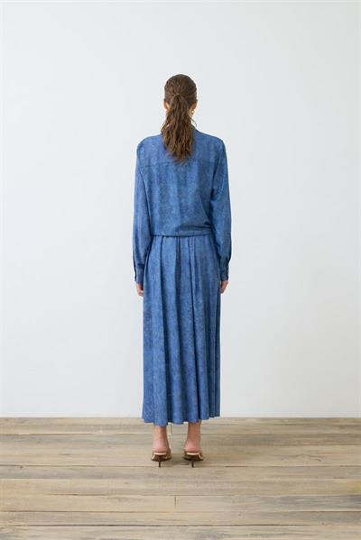 DENIM PATTERNED RAYON VISCOSE TIED SKIRT SET NAVY BLUE