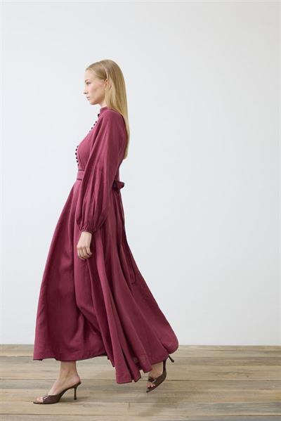 DIVA 100% LINEN BELTED DRESS BURGUNDY