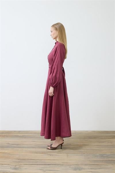 DIVA 100% LINEN BELTED DRESS BURGUNDY