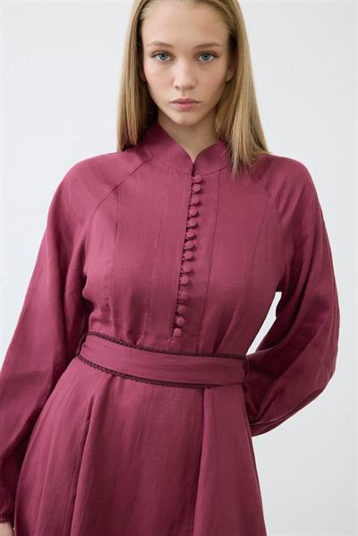 DIVA 100% LINEN BELTED DRESS BURGUNDY