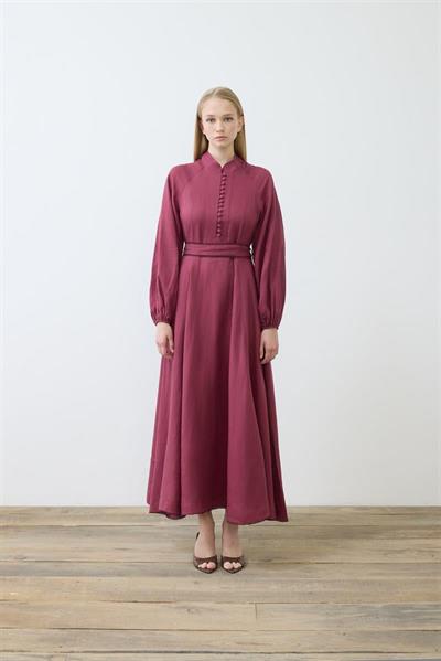 DIVA 100% LINEN BELTED DRESS BURGUNDY