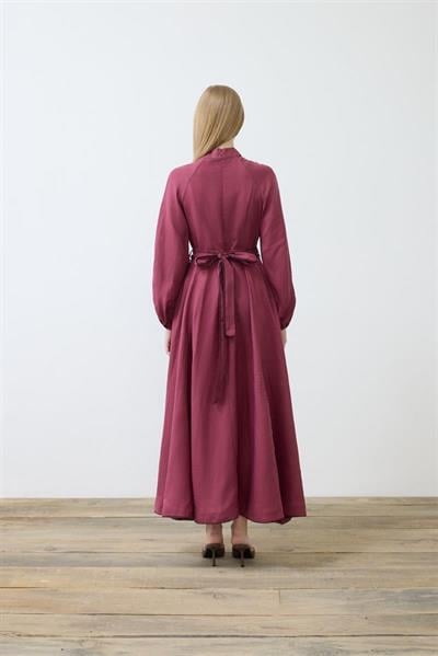 DIVA 100% LINEN BELTED DRESS BURGUNDY