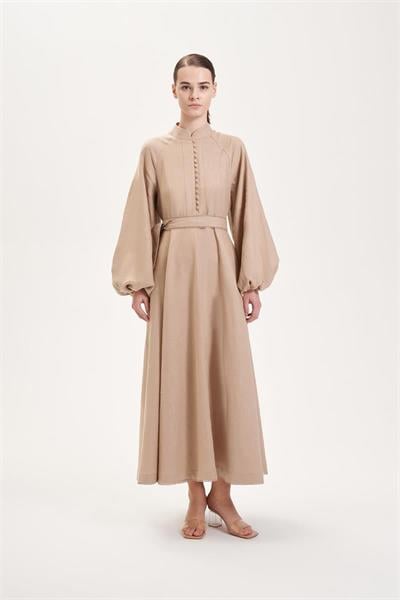 DIVA 100% LINEN BELTED DRESS CAMEL
