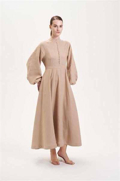 DIVA 100% LINEN BELTED DRESS CAMEL