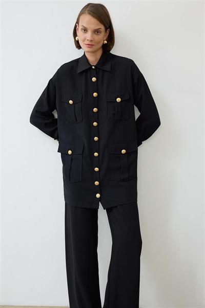 ELLA SHIRT DETAILED CREPE PANTS SET BLACK