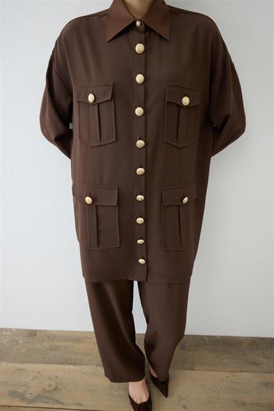 ELLA SHIRT DETAILED CREPE PANTS SET BROWN