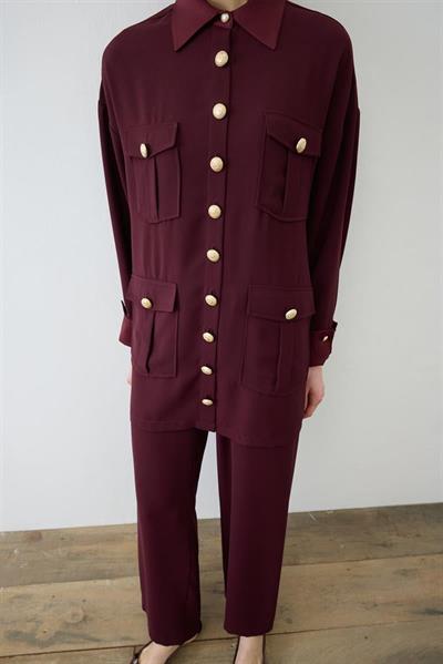 ELLA SHIRT DETAILED CREPE PANTS SET BURGUNDY