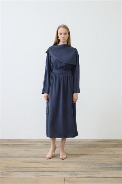 ELVA WASHED SILK SCARF DETAILED DRESS NAVY BLUE