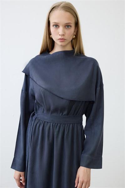 ELVA WASHED SILK SCARF DETAILED DRESS NAVY BLUE