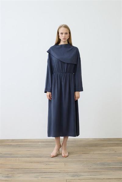 ELVA WASHED SILK SCARF DETAILED DRESS NAVY BLUE