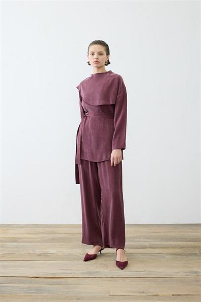 ELVA WASHED SILK SCARF DETAILED PANTS SET BURGUNDY