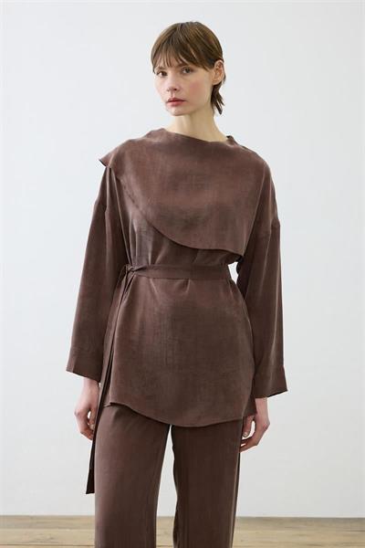 ELVA WASHED SILK SCARF DETAILED PANTS SET BROWN