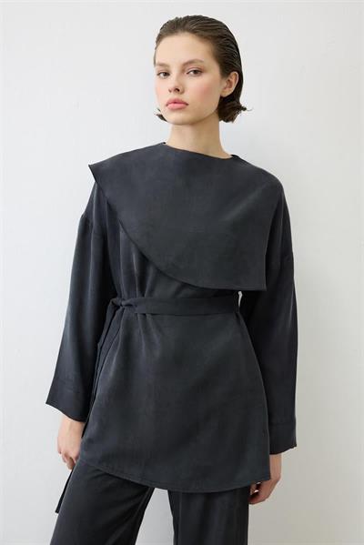 ELVA WASHED SILK SCARF DETAILED PANTS SET BLACK