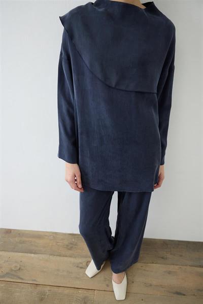 ELVA WASHED SILK SCARF DETAILED PANTS SET NAVY BLUE